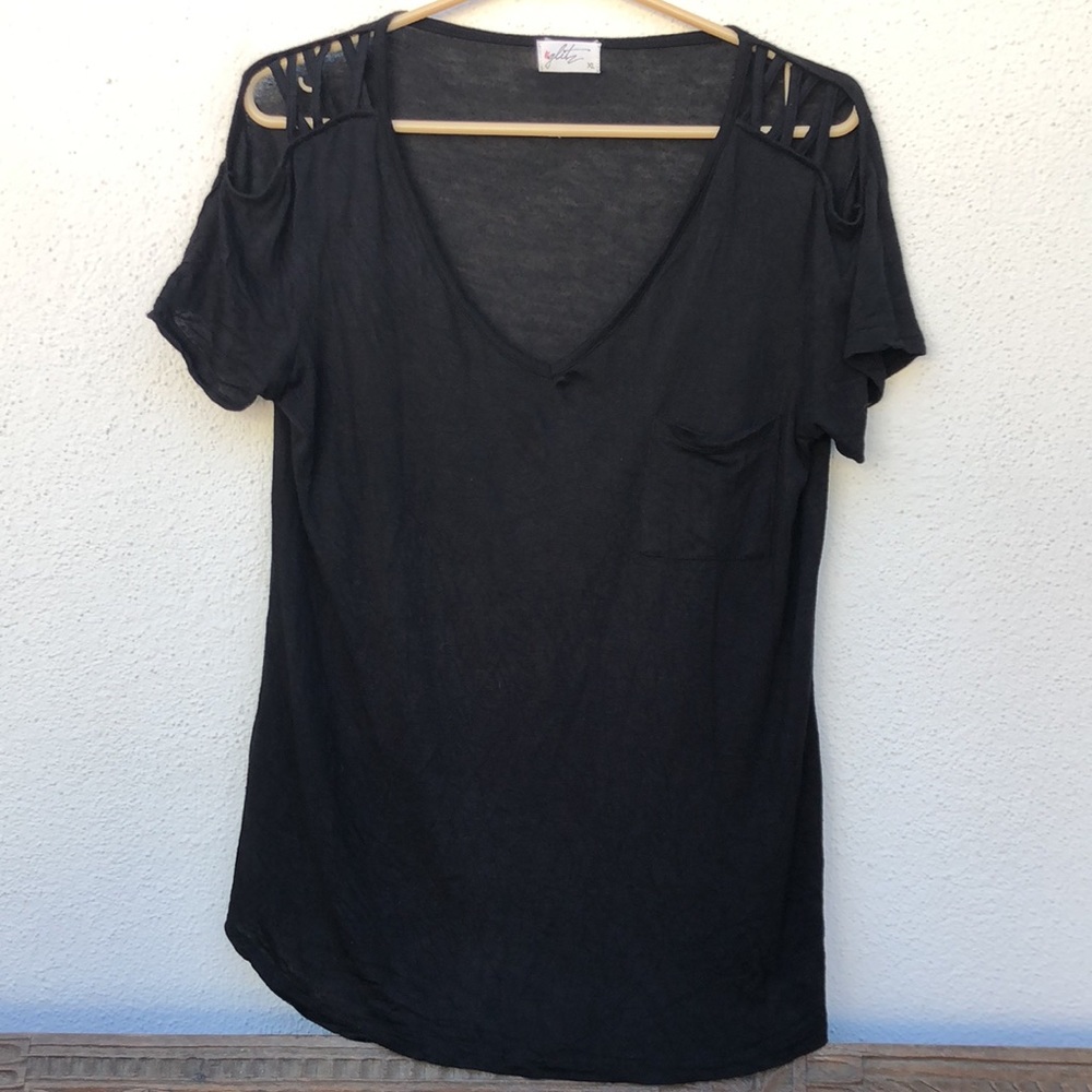 Glitz black v-neck pocket tee with shoulder cutouts